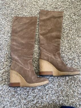 Tod's Taupe Suede Wedge Knee Boots